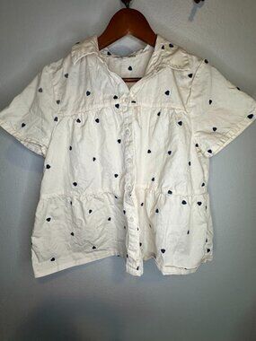 Madewell Cream Navy Blue Heart Print Short Sleeve Tiered Button Down Shirt - Md